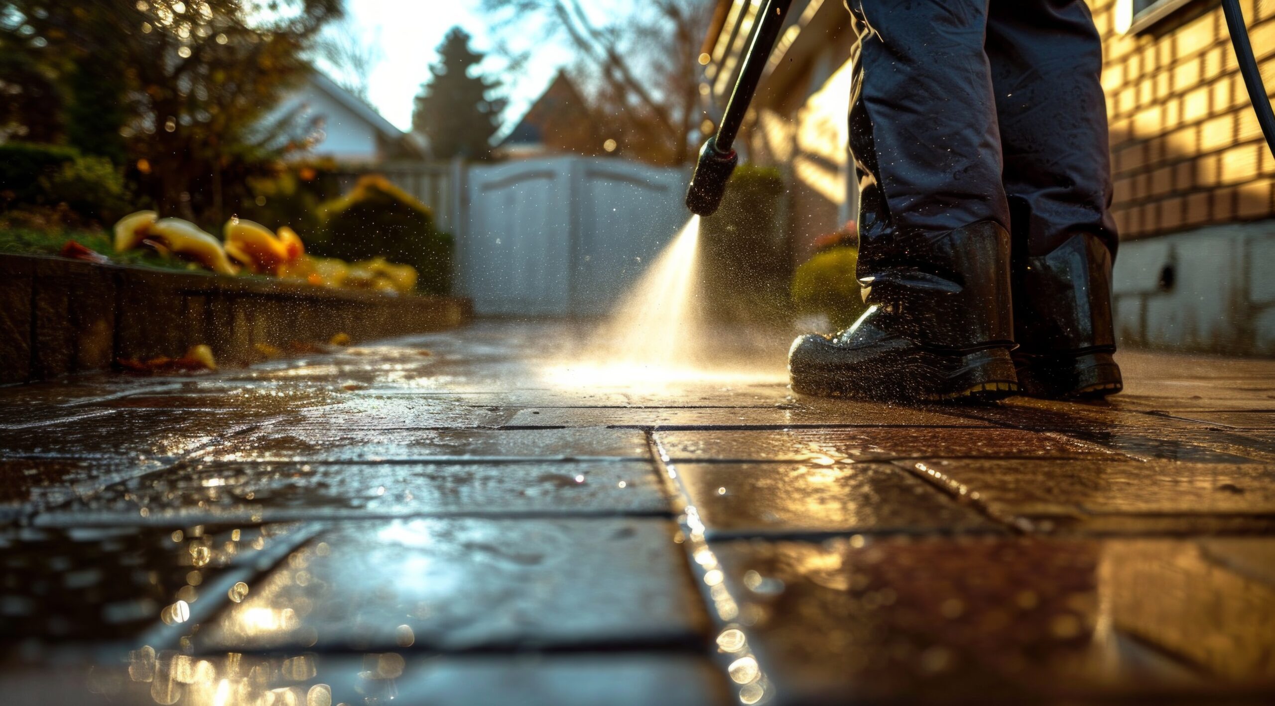 an individual cleaning the driveway with a spray